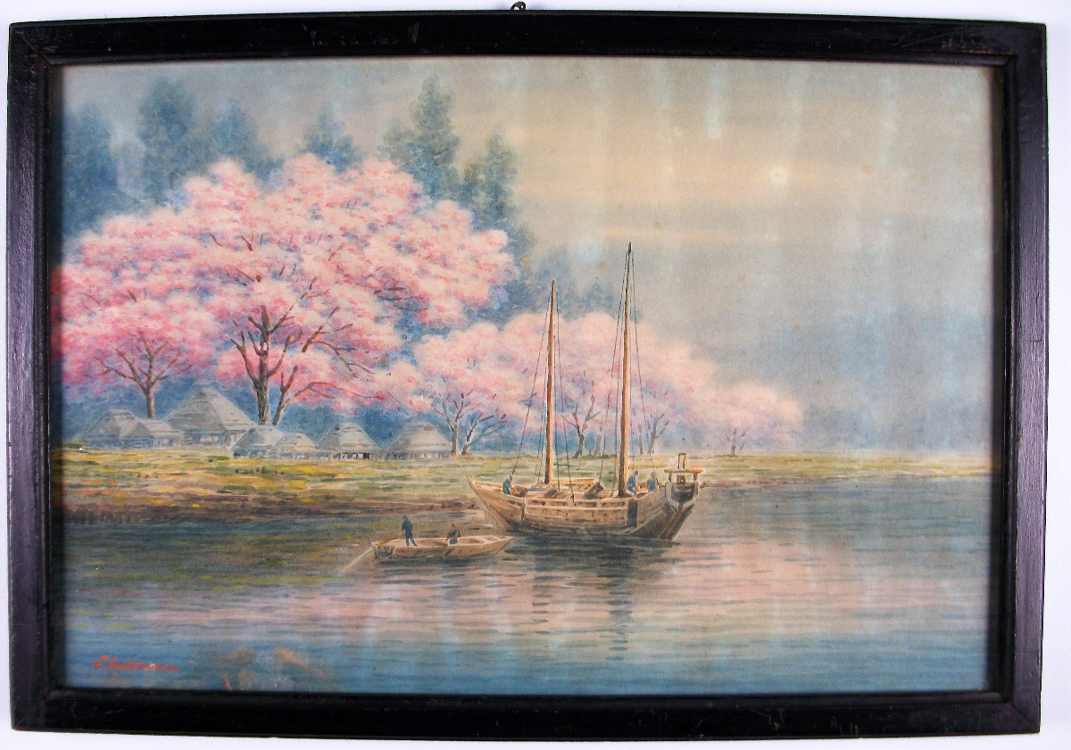 Shumin watercolour of fishing boats and blossoming trees near a village 